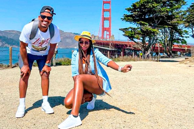 Fleury and Yuleysi pose in front of the Golden Gate Bridge in San Francisco, California.