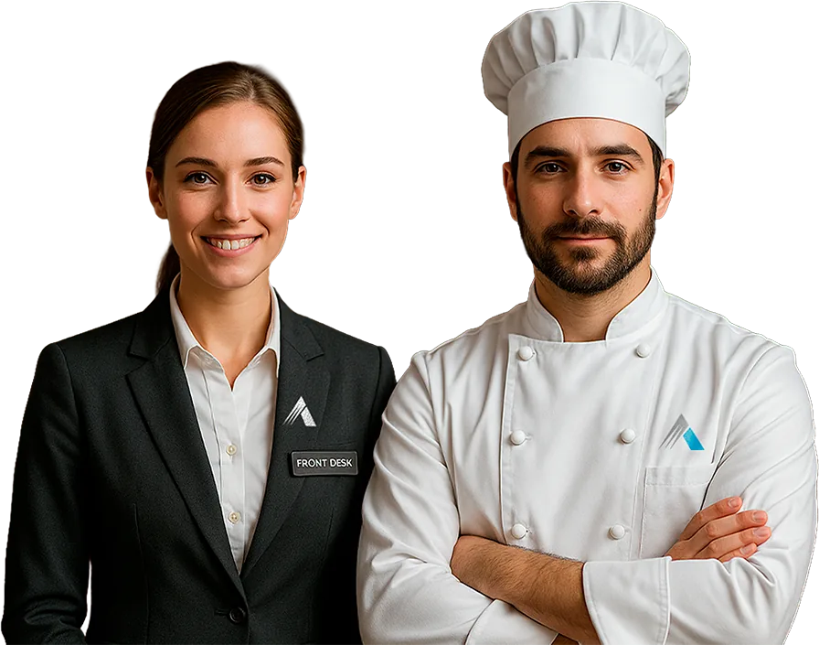 Illustration of front desk and culinary professionals